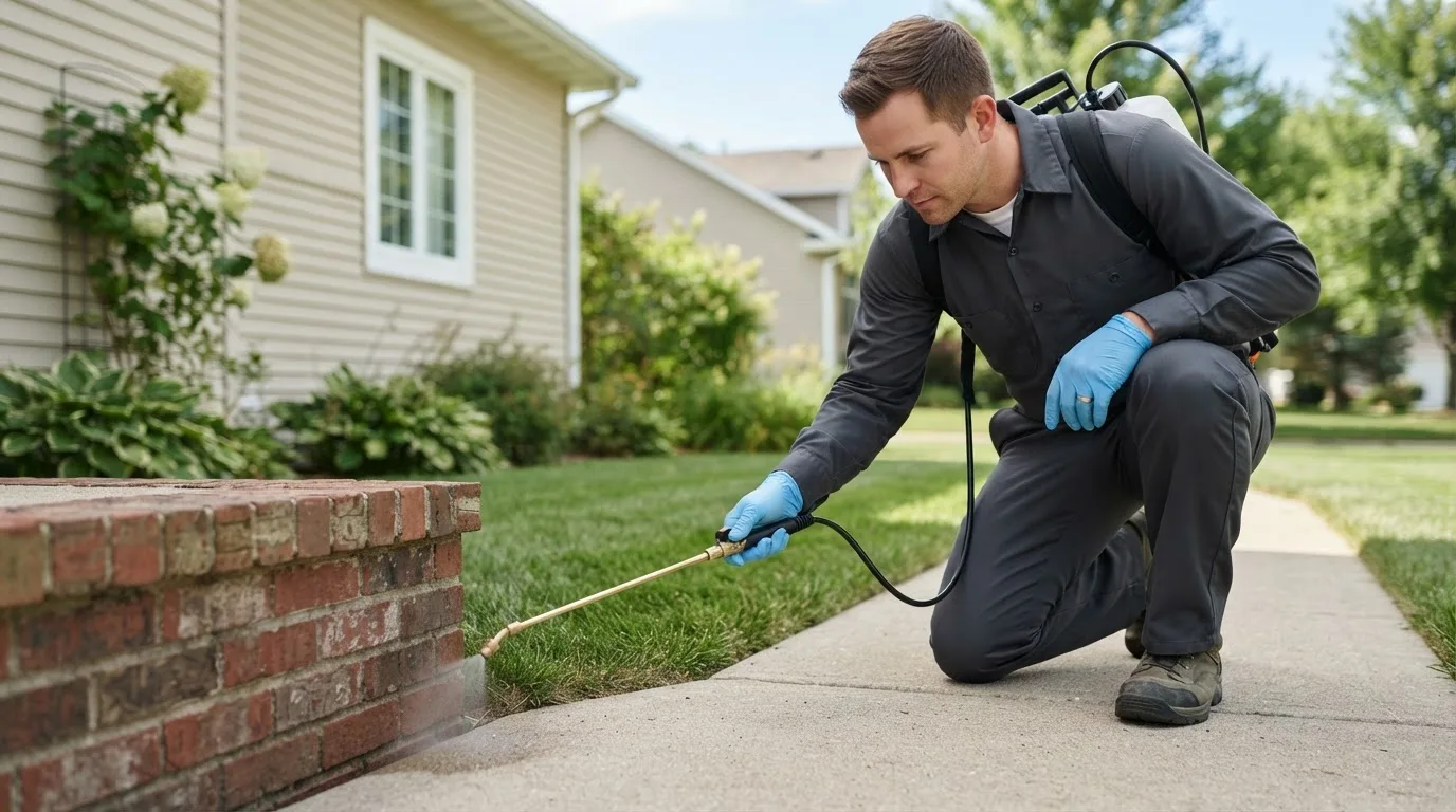Pest control technician treating a home near Van Wert, IA