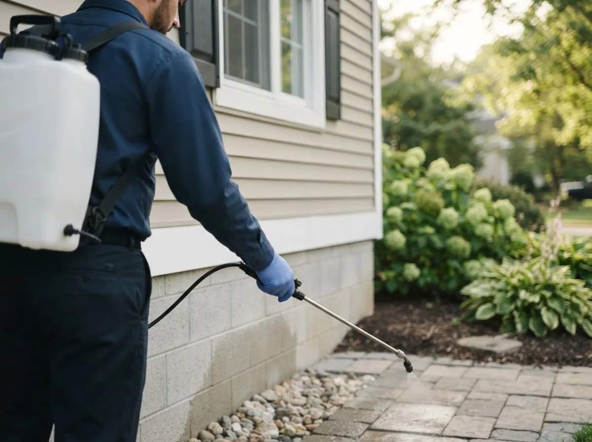 Pest control technician inspecting a home in Van Wert, IA